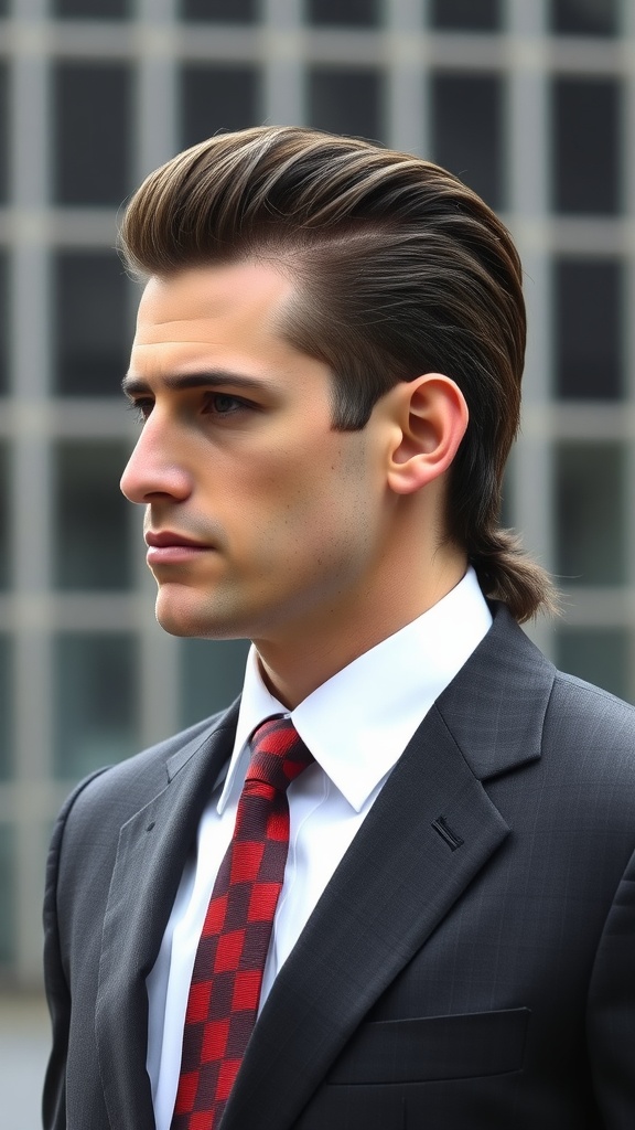 Close-up of a man with a slicked back mullet hairstyle, wearing a suit and tie.