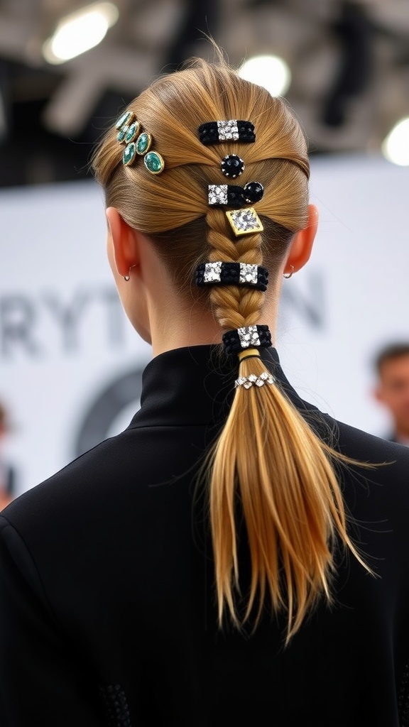 A slicked back ponytail featuring various elegant hair clips and accessories