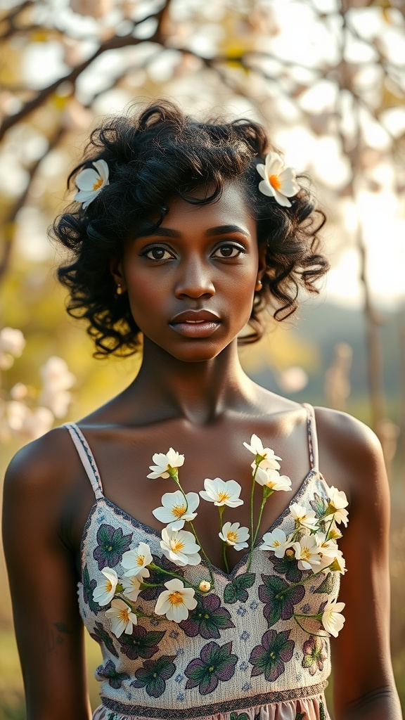 A woman with curly hair styled in a half-up hairstyle, adorned with flowers, standing in a natural setting.