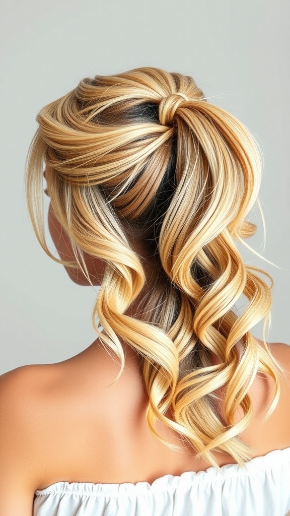 A soft beach waves quick weave ponytail hairstyle with beautifully curled hair.