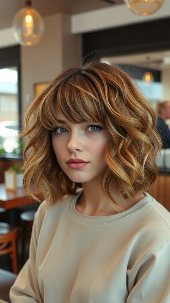 A woman with soft curly shag hairstyle and fringes, sitting in a cozy cafe.