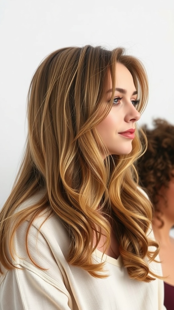 A woman with a soft mullet hairstyle, showcasing long, flowing hair with gentle waves.