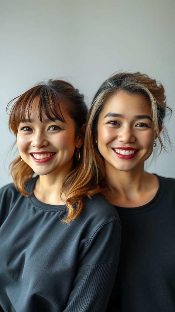 Two women smiling, showcasing soft mullet hairstyles.