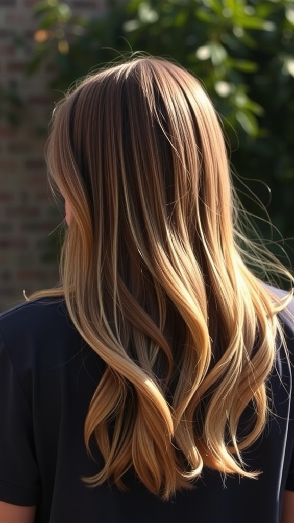 A person with long, straight hair featuring soft waves inspired by a modern mullet hairstyle.