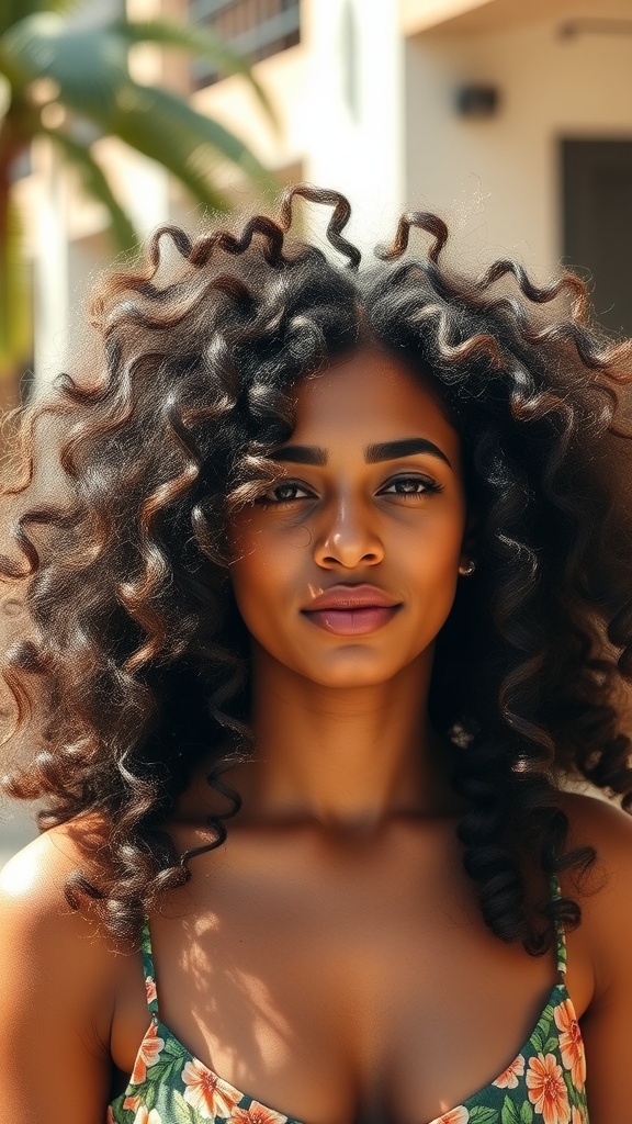 A woman with soft, voluminous waves in her natural hair, smiling outdoors.