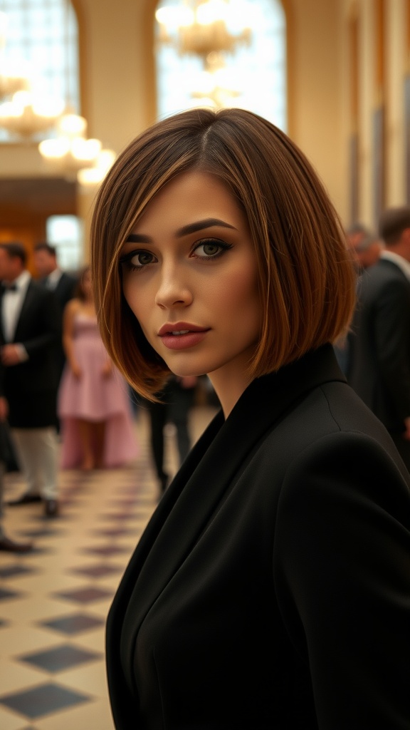 A woman with a sophisticated bob hairstyle and a side part, dressed elegantly, in a formal setting.