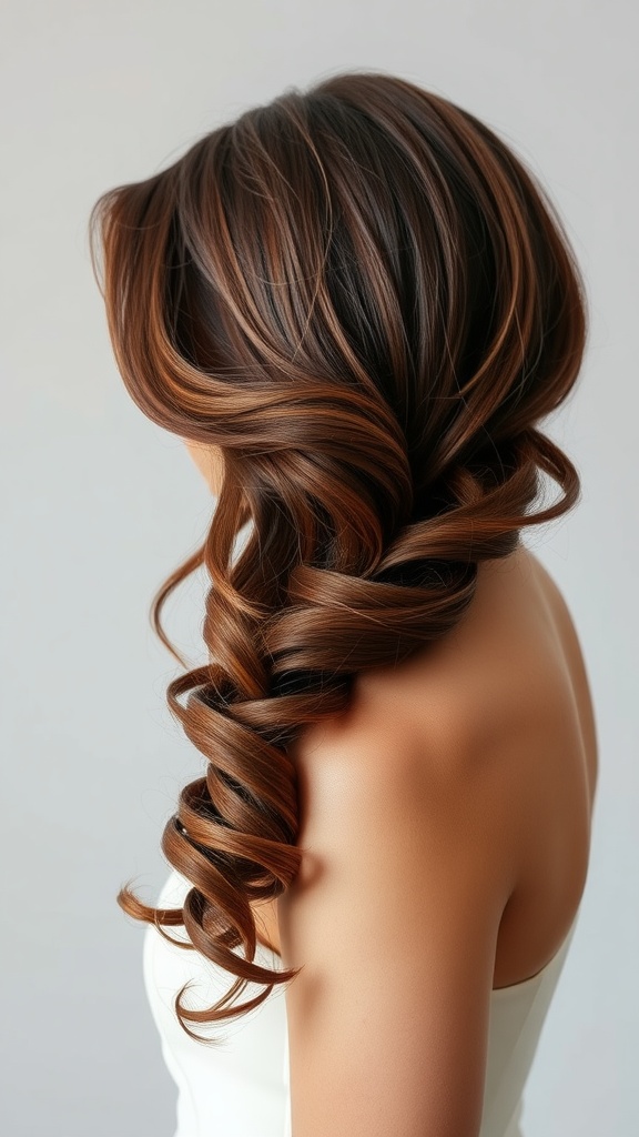 Sophisticated curly side sweep hairstyle with warm tones