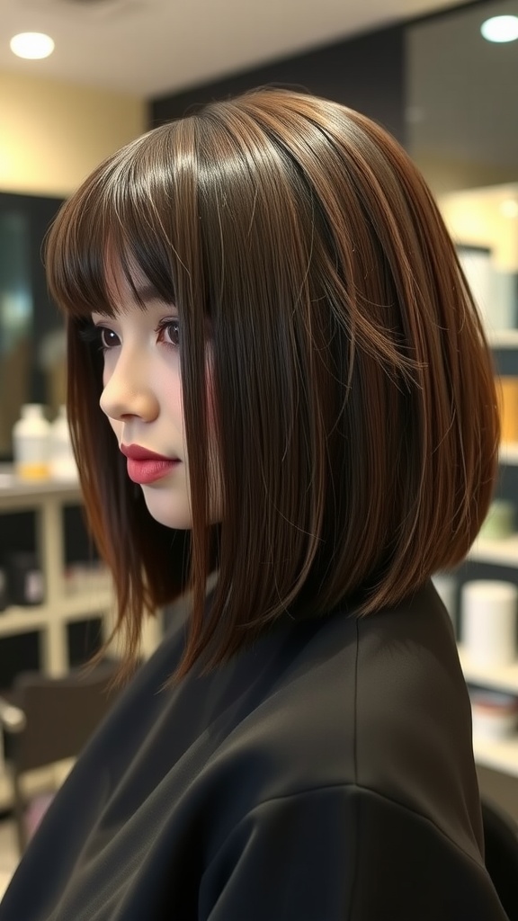 A woman with a glossy bob hairstyle and straight bangs, showcasing a sophisticated look.