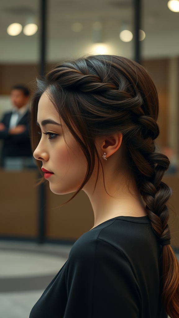 A young woman with long hair styled in a sophisticated side braided crown
