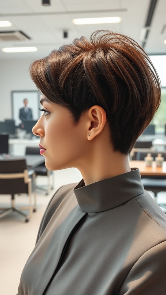 A woman with a sophisticated tapered haircut, displayed in an office setting.