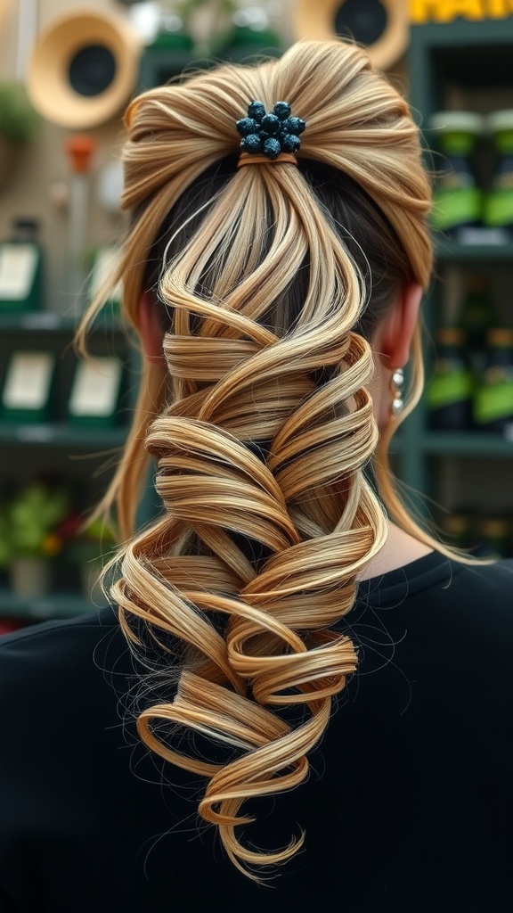A spiral curled ponytail with highlights, showcasing defined curls and a stylish look.