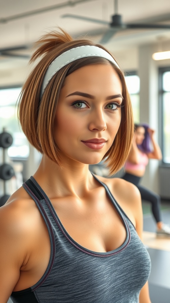A young woman with a sporty bob hairstyle and a headband in a gym setting.