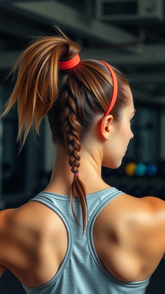 A woman with a sporty high ponytail secured with a red hairband and a braided section of hair, wearing a sleeveless workout top.