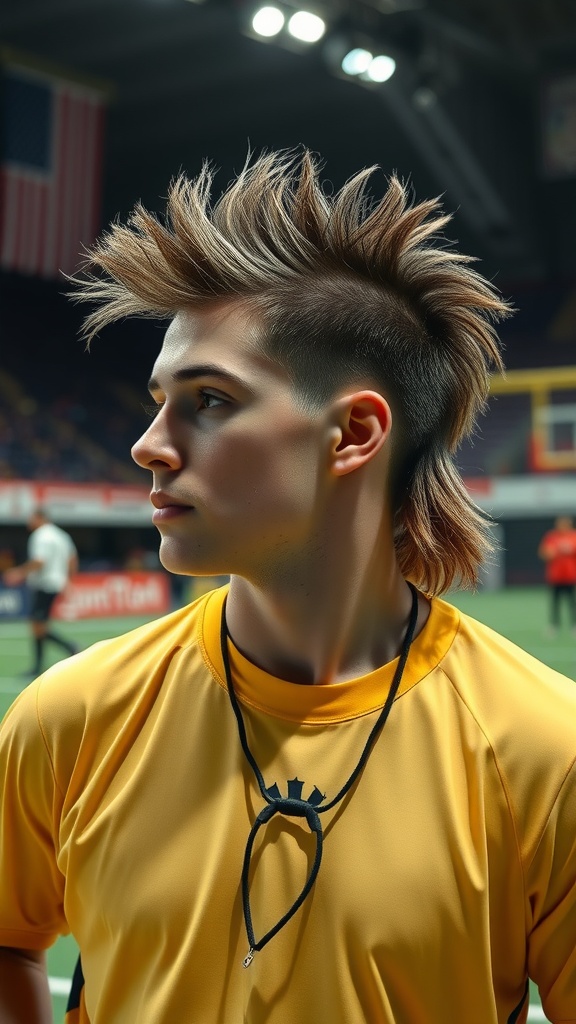 A young person with a sporty mullet hairstyle, wearing a yellow jersey, looking off-camera in a sports arena.