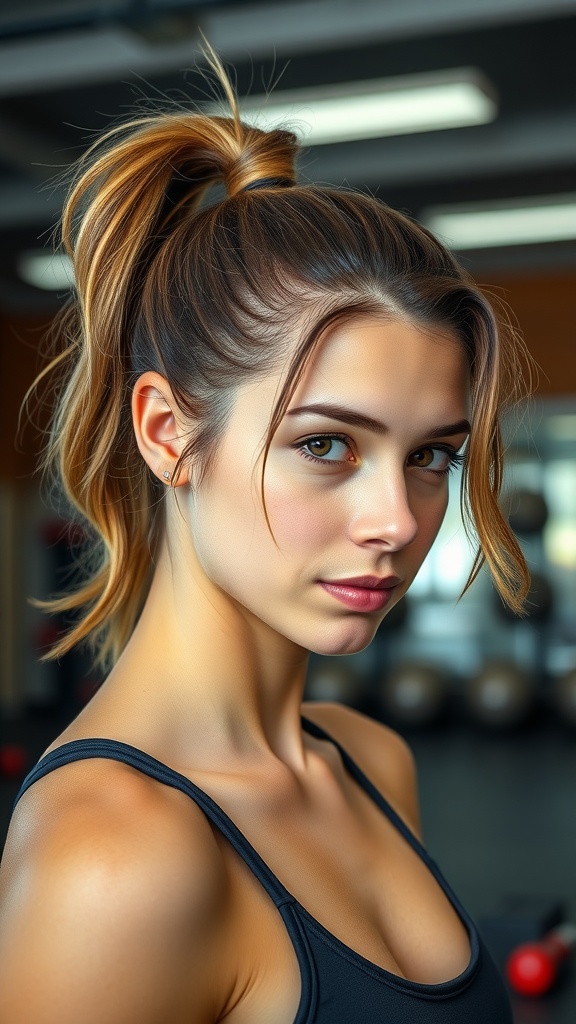 A young woman with a sporty ponytail and loose tendrils, looking relaxed and stylish.