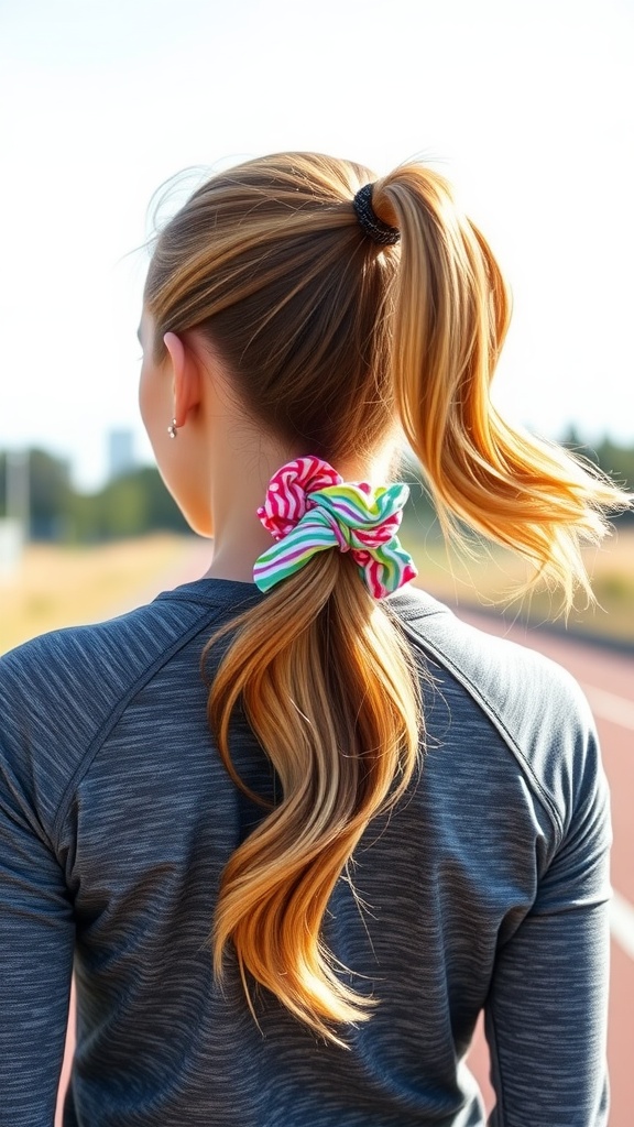 A woman with a side ponytail secured with a colorful scrunchie, wearing a gray athletic top.