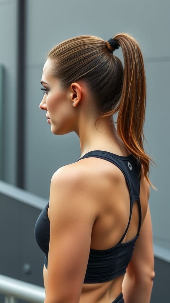 A sporty woman with a slick back ponytail wearing a black tank top.