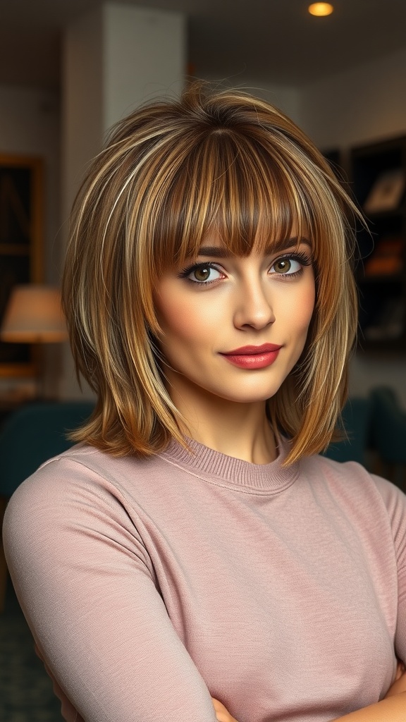 Woman with layered hair and statement bangs, showcasing a modern mullet hairstyle.