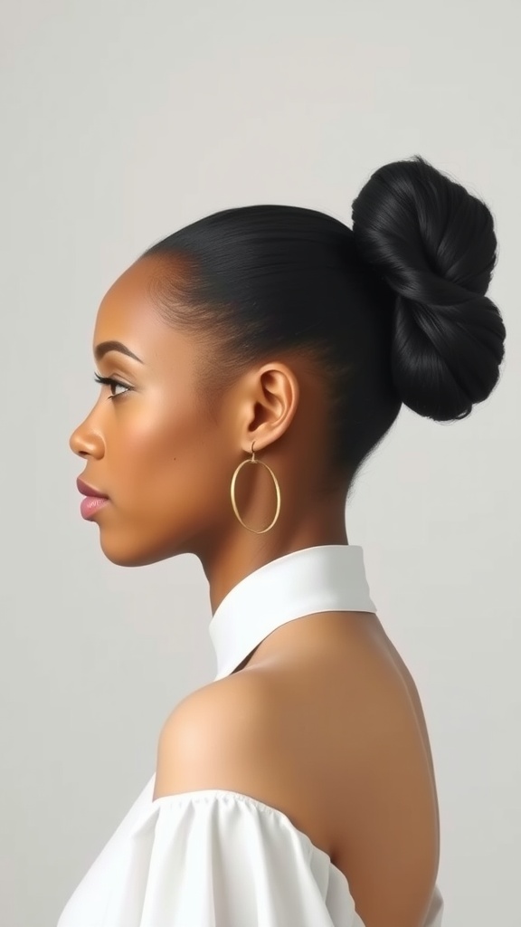 A woman with a slick back bun hairstyle and earrings, showcasing a polished look.