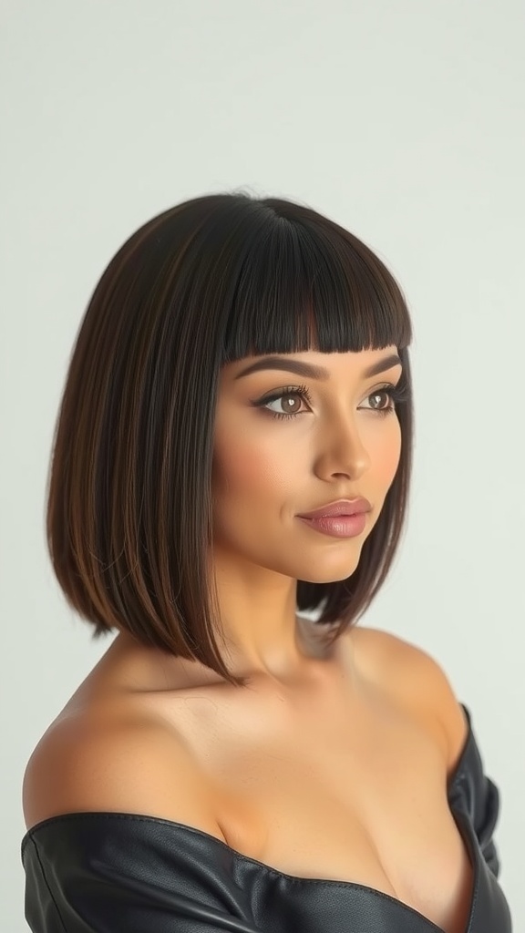 A woman with a straight and sleek bob hairstyle, featuring a blunt cut and smooth finish.