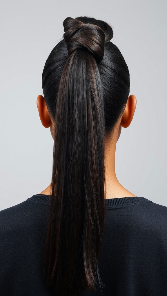 A woman with a sleek straight back quick weave ponytail styled neatly.