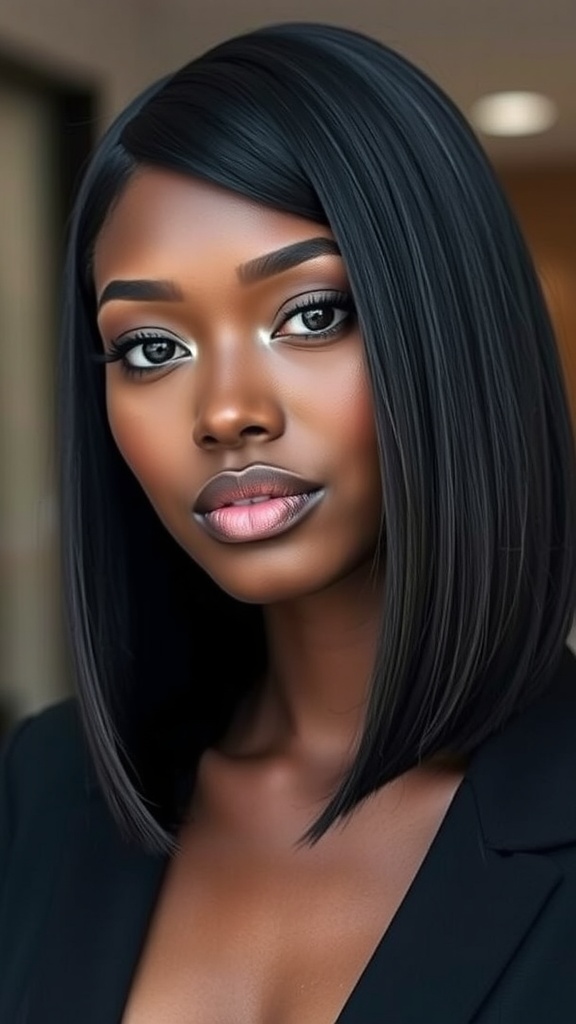 A model with a straight bob hairstyle featuring deep side bangs, showcasing a sleek and elegant look.