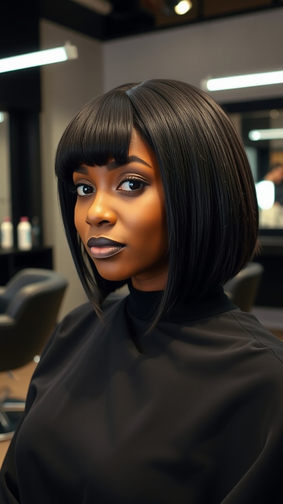 A woman with straight bob hairstyle featuring a side part, showcasing sleek black hair.