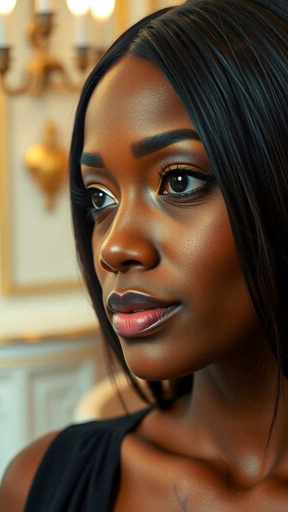 A close-up of a woman with straight hair and a deep middle part, showcasing her facial features and elegant makeup.