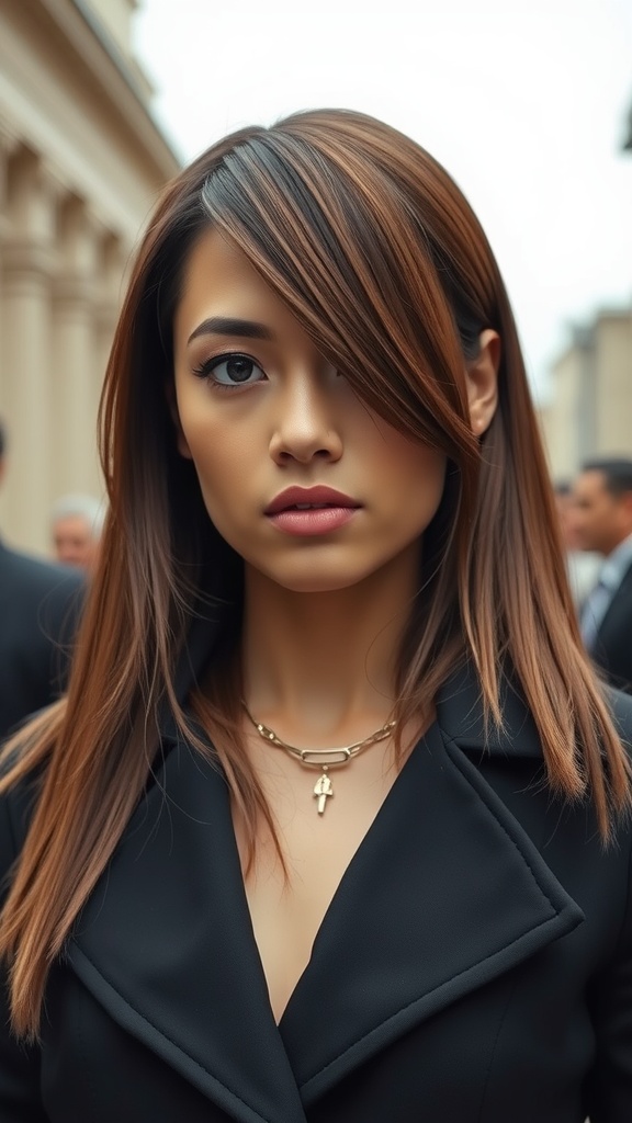 A woman with straight hair styled in a deep side part, wearing a black outfit and a necklace, with a blurred background.