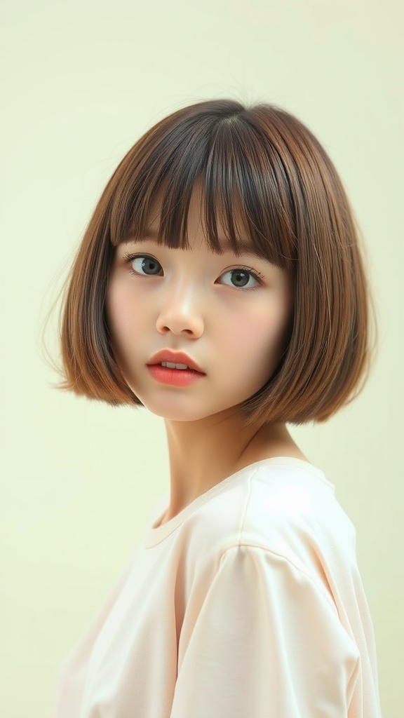 A woman with straight hair styled in a bob with blunt bangs, looking at the camera.