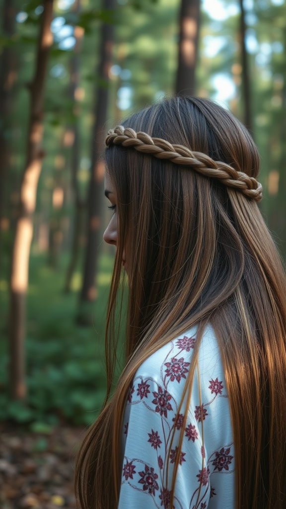 Model with straight hair styled in a braided crown, set in a forest background.