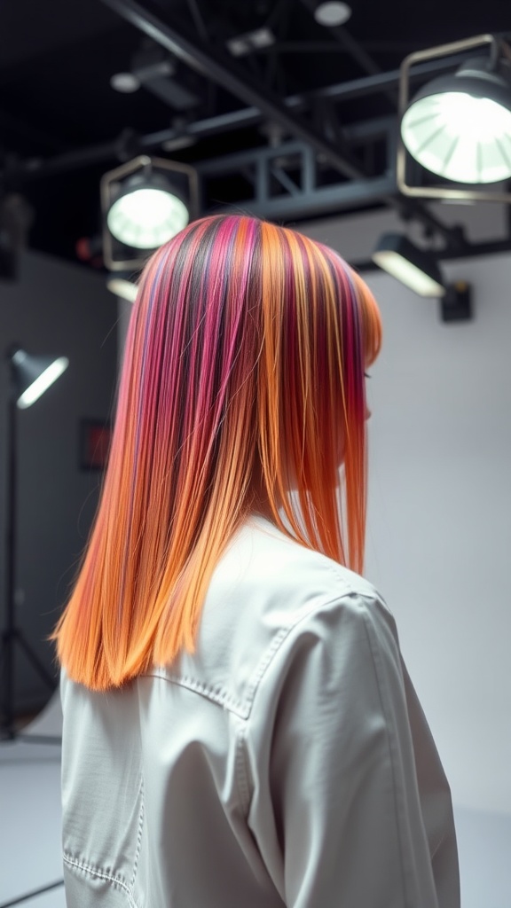 A model with straight hair featuring vibrant orange and pink highlights, photographed in a studio setting.