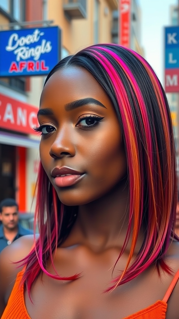 A woman with straight hair featuring vibrant pink and orange highlights, standing in an urban setting.