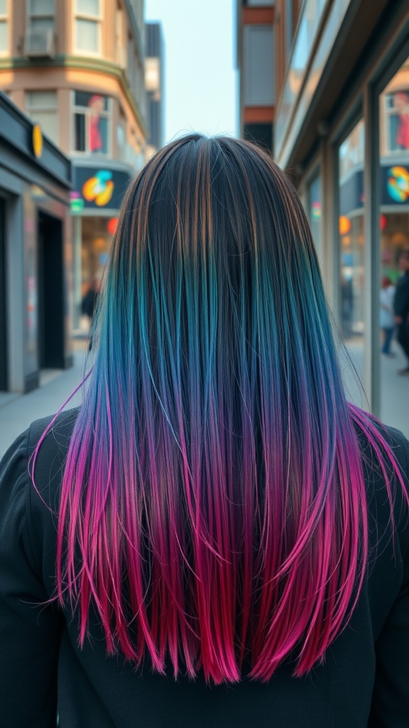 Straight hair with colorful ombre highlights in blue and pink.