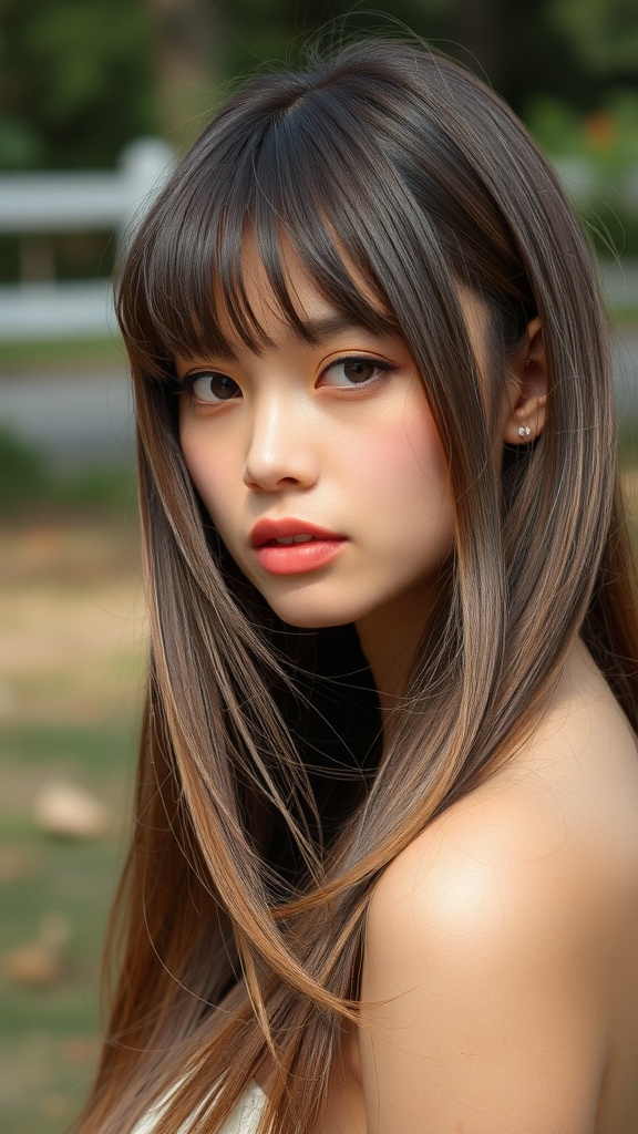 A model with straight hair and curtain bangs, showcasing a soft and stylish look.