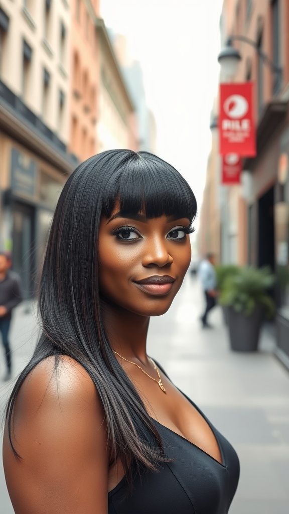 A woman with straight hair styled in face-framing layers, showcasing a modern and chic hairstyle.