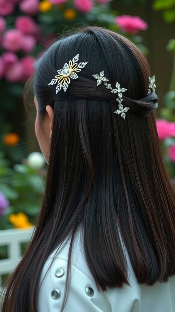 A close-up view of straight hair adorned with elegant hair accessories in a floral setting.