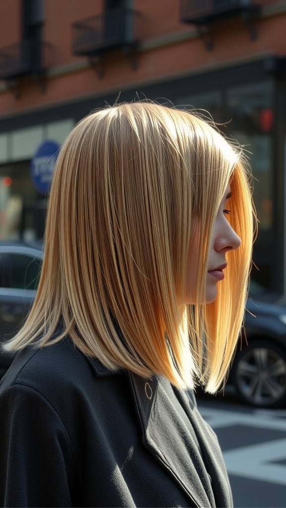 A woman with straight hair styled in a side part, showcasing a sleek look.