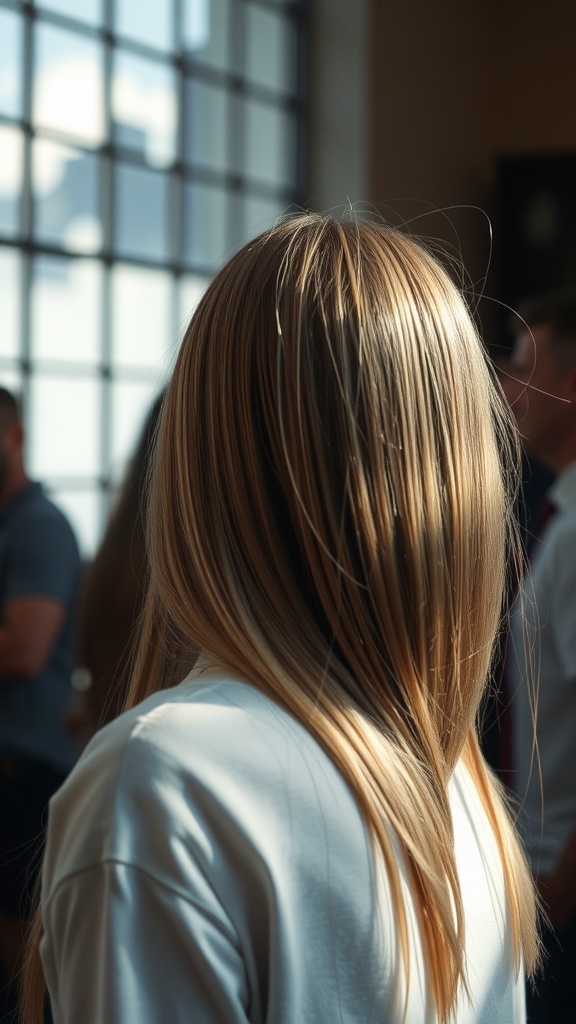 Woman with straight hair featuring subtle highlights, seen from the back, in a well-lit indoor setting.