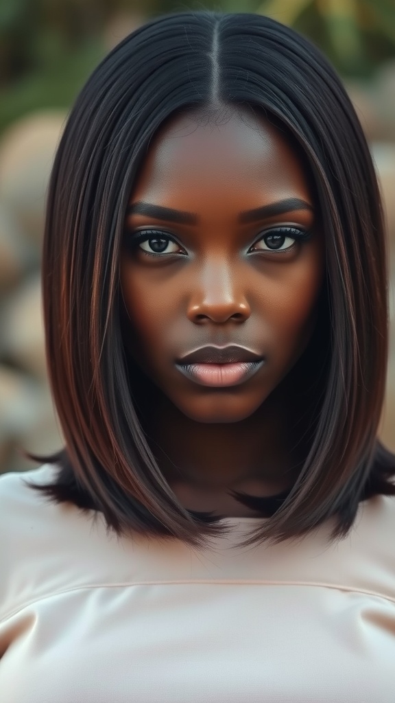 A woman with straight hair featuring subtle waves, showcasing a sophisticated hairstyle for black women.