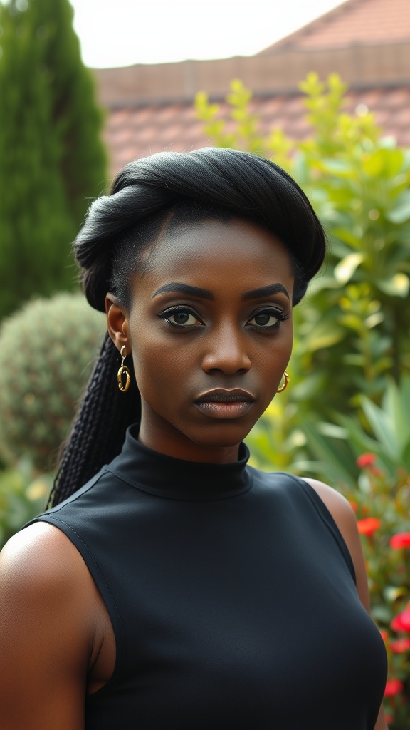 A woman with natural straight hair styled in a twisted crown, wearing hoop earrings against a greenery backdrop.