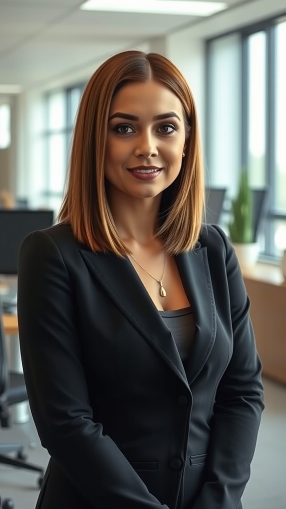A woman with a straight long bob hairstyle wearing a black suit in an office setting.