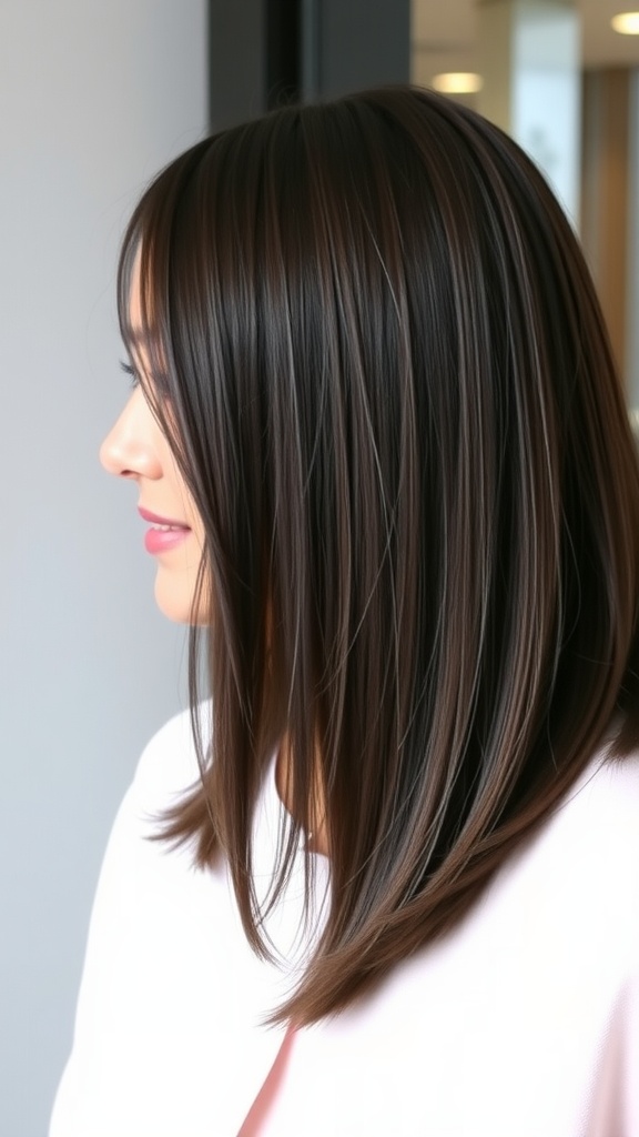 A straight long bob hairstyle with side bangs, showcasing smooth, thick hair.