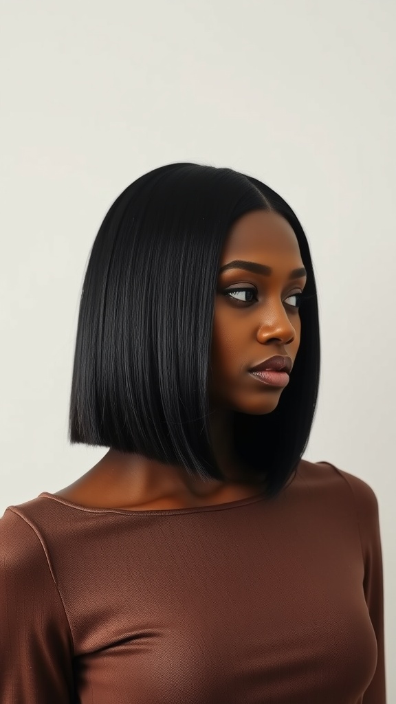 A woman with a straight long bob hairstyle and a side part, showcasing elegance and style.