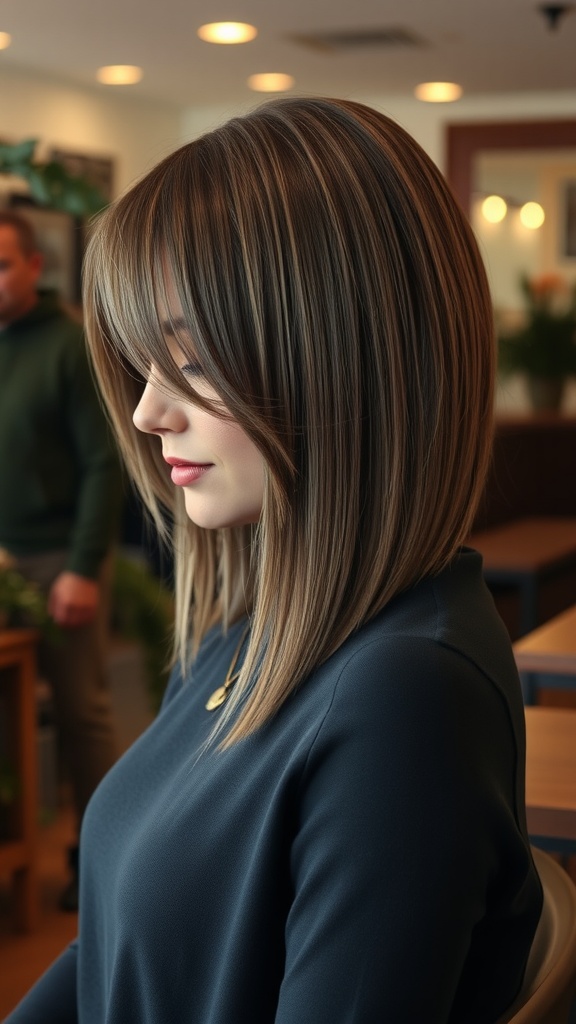 A woman with a straight long bob hairstyle featuring wispy bangs, looking stylish in a modern setting.