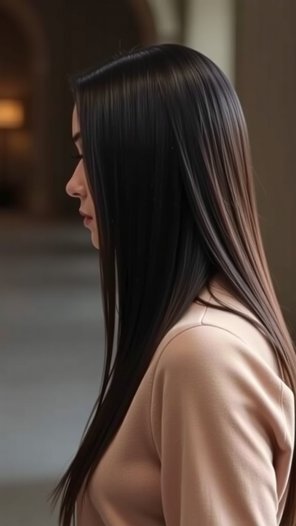 A woman with straight long hair styled in a mullet with a deep side part.