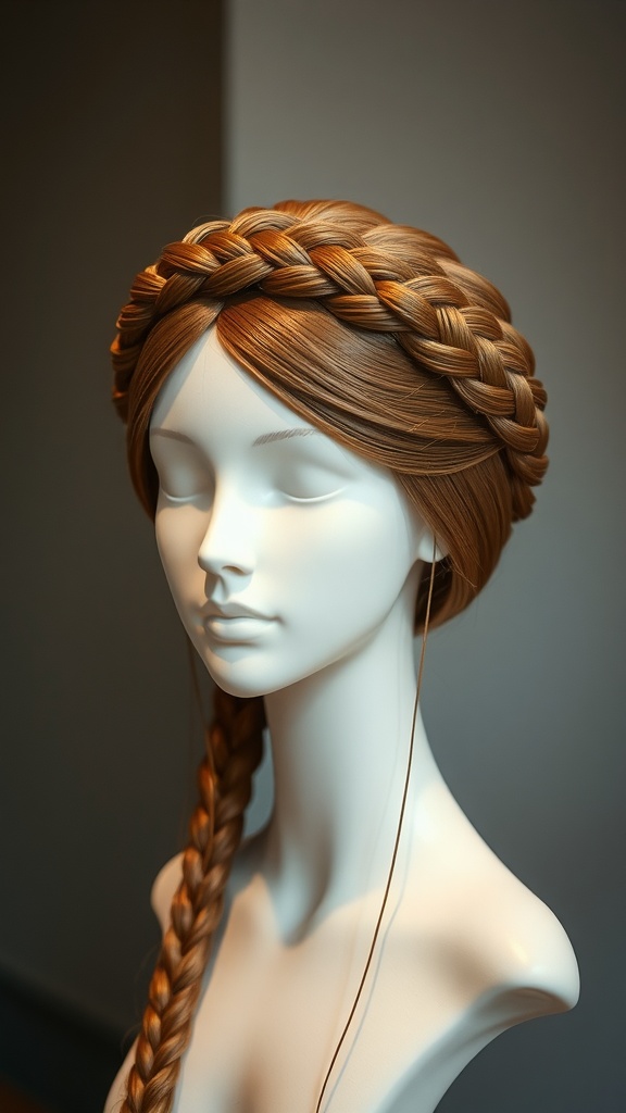 Mannequin displaying a straight wig styled with a braided crown