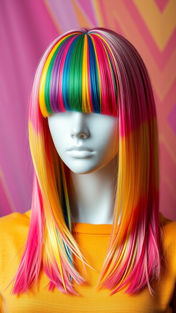 Straight wig with colorful highlights in pink, green, blue, and yellow.