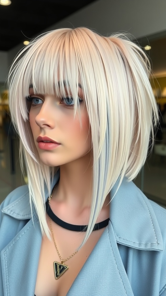 A model showcasing a straight wig with an edgy undercut and blunt bangs