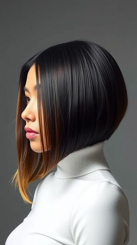 A woman with straight hair featuring face-framing layers, styled elegantly.